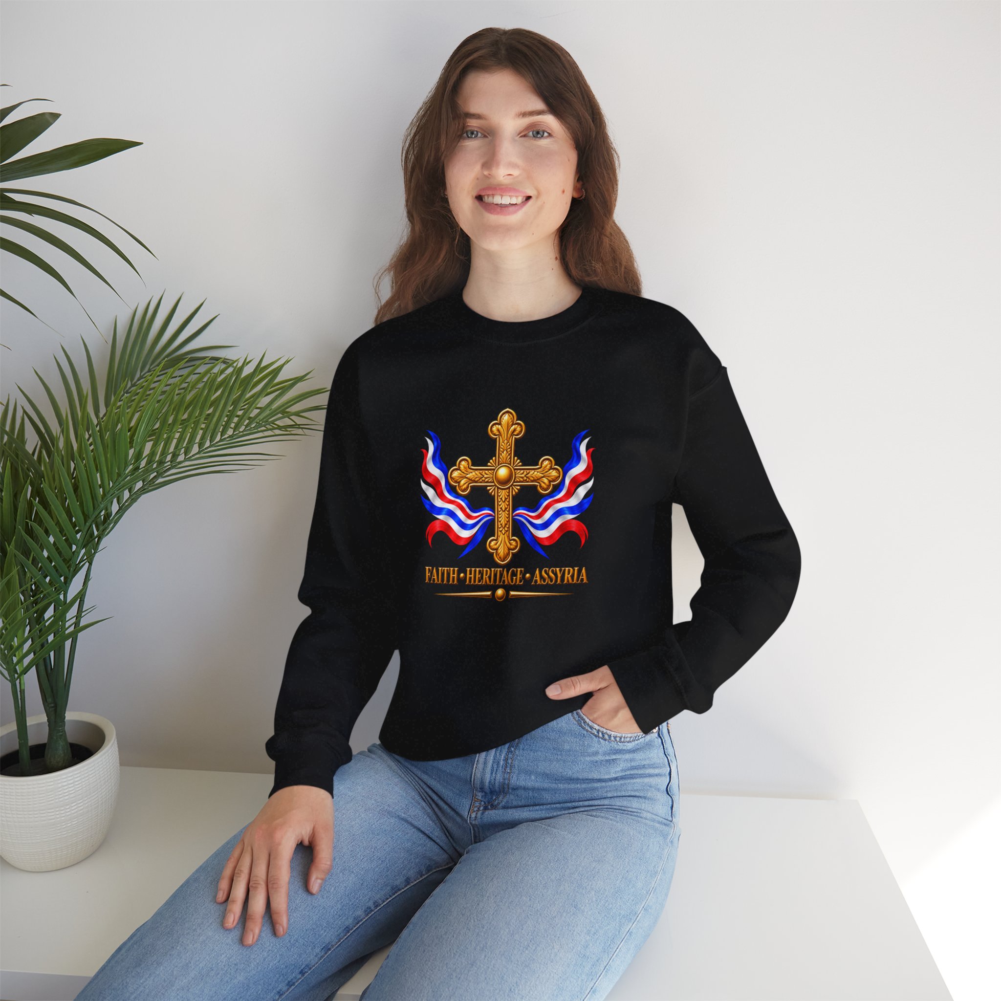 Crewneck Sweatshirt — Assyrian Flag Colors with Cross - Image 7