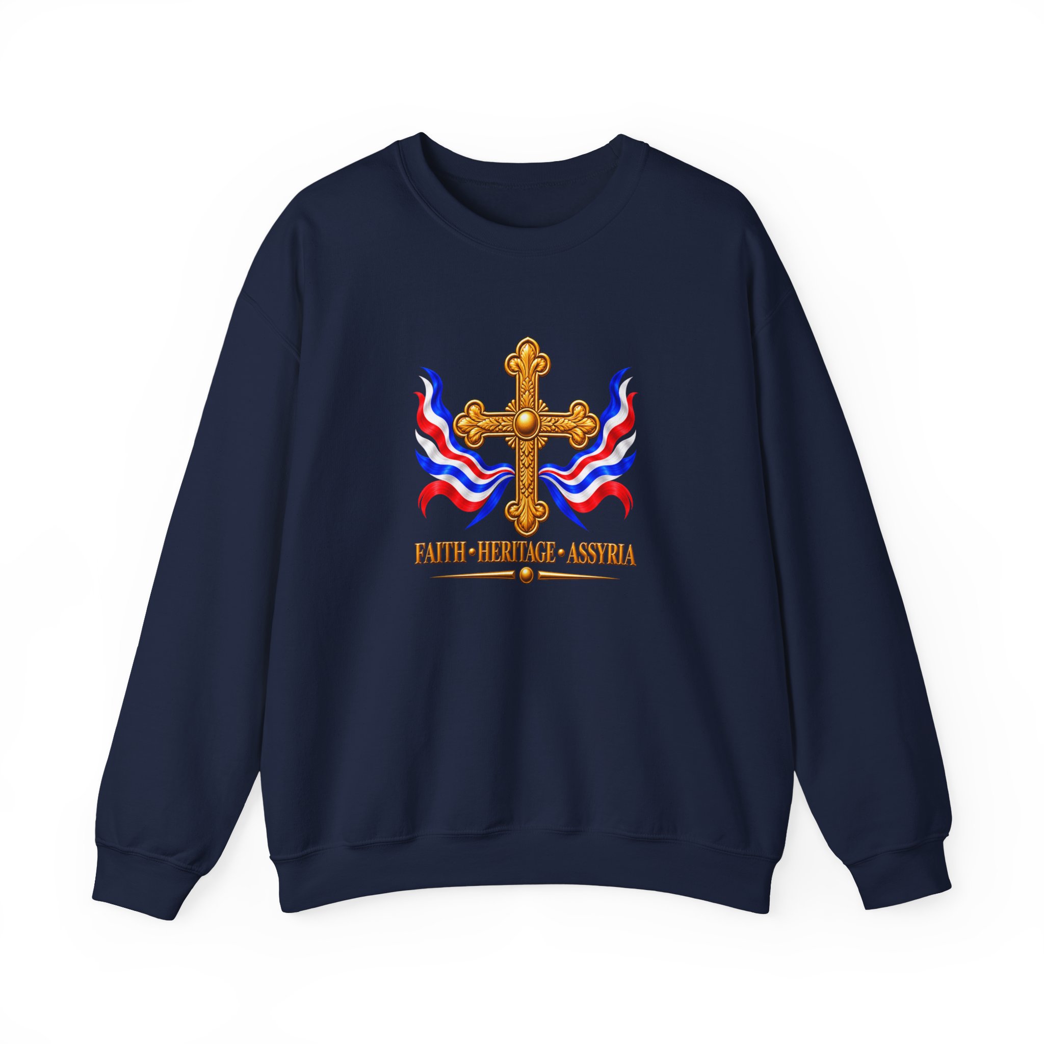 Crewneck Sweatshirt — Assyrian Flag Colors with Cross