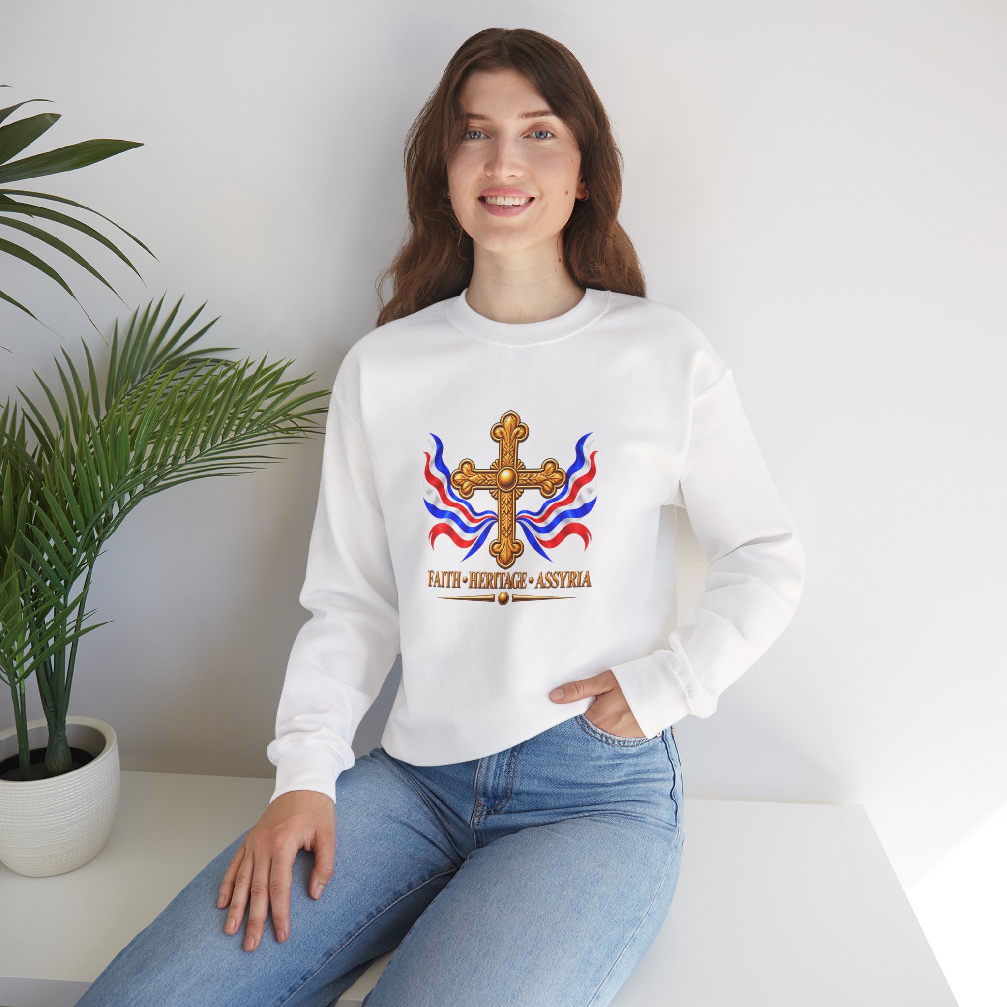 Crewneck Sweatshirt — Assyrian Flag Colors with Cross - Image 12