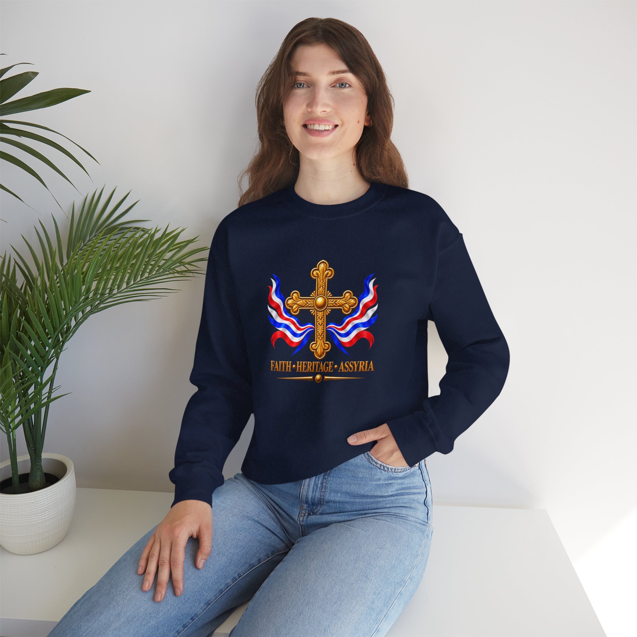 Crewneck Sweatshirt — Assyrian Flag Colors with Cross - Image 2
