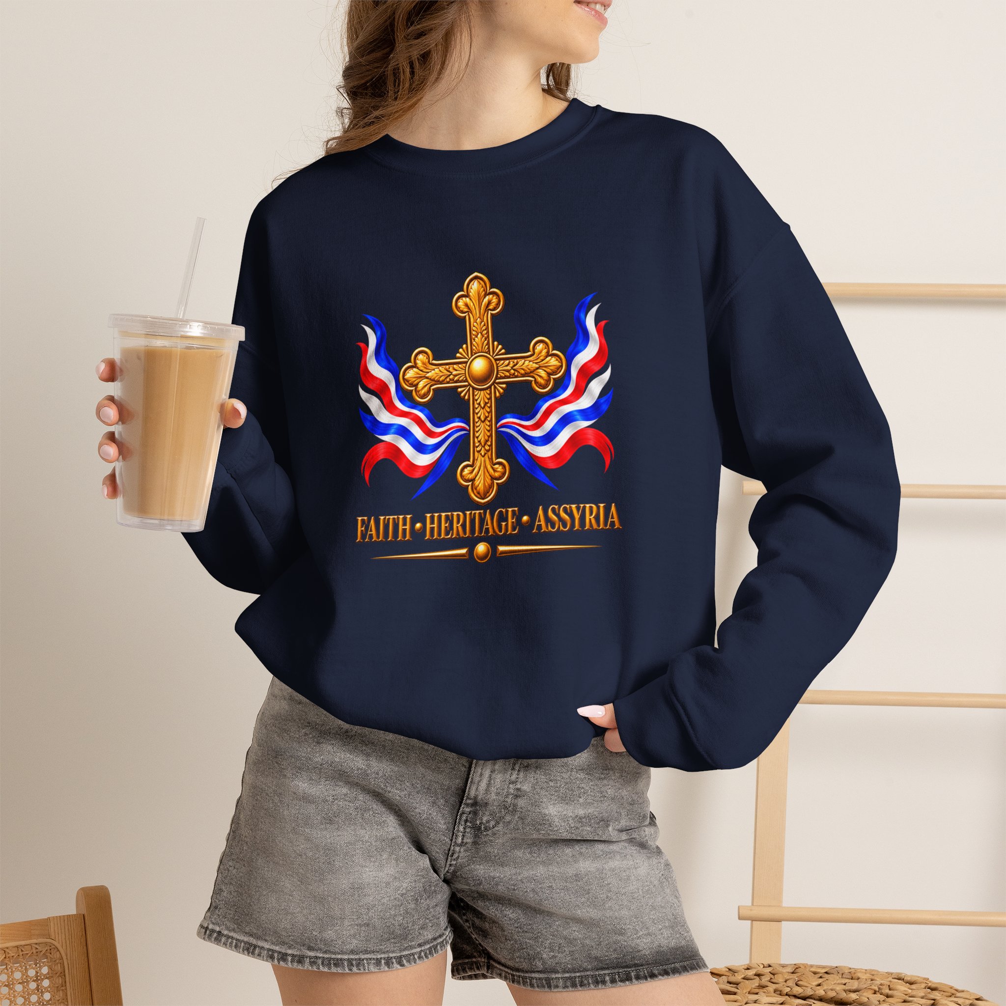 Crewneck Sweatshirt — Assyrian Flag Colors with Cross - Image 4
