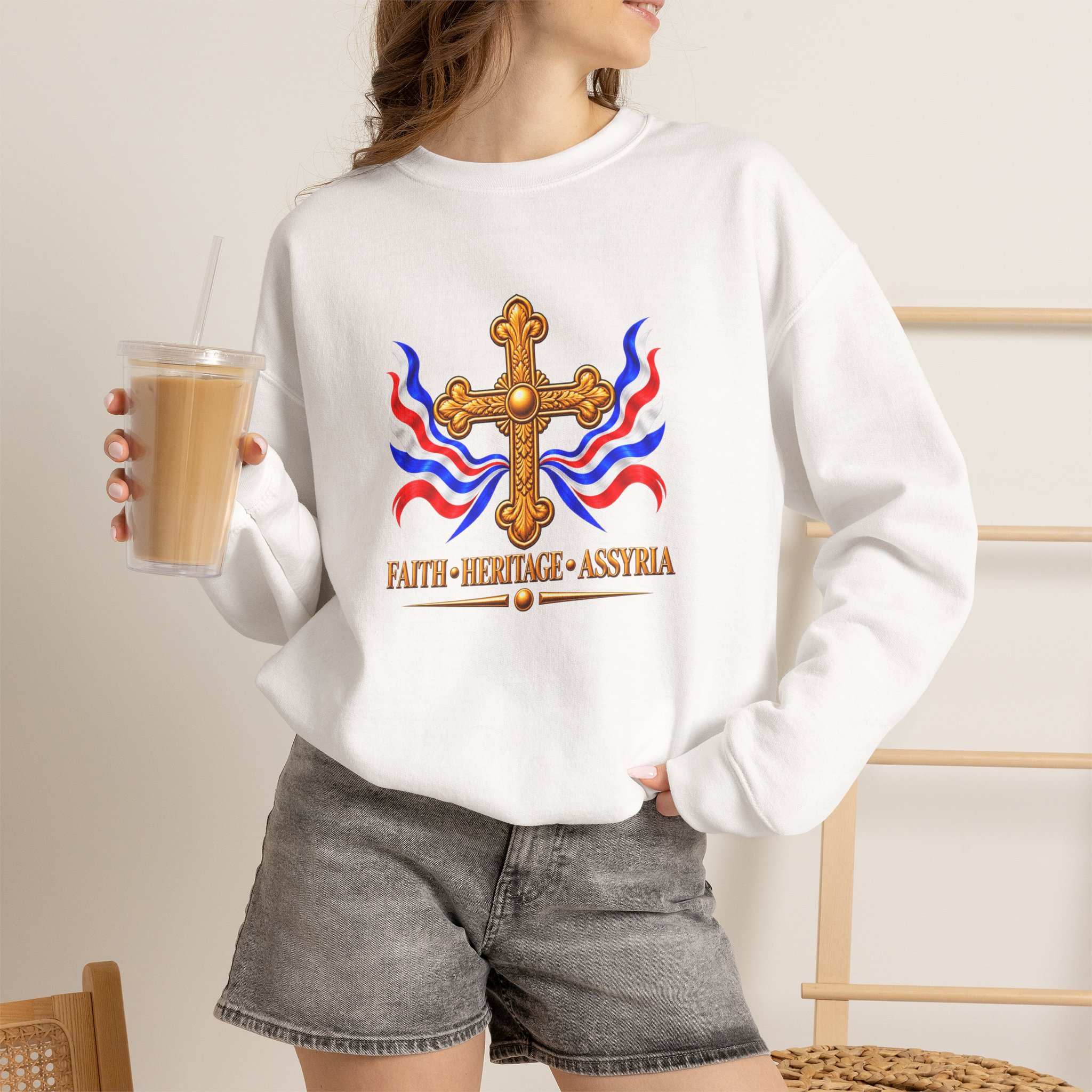 Crewneck Sweatshirt — Assyrian Flag Colors with Cross - Image 14