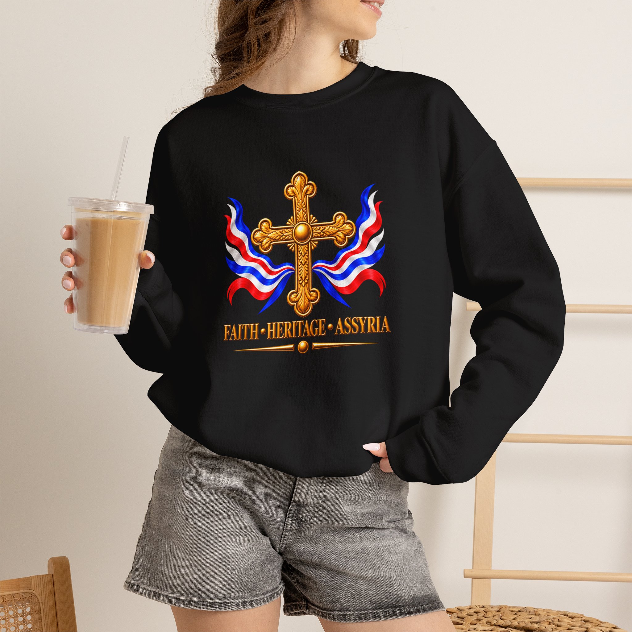 Crewneck Sweatshirt — Assyrian Flag Colors with Cross - Image 9