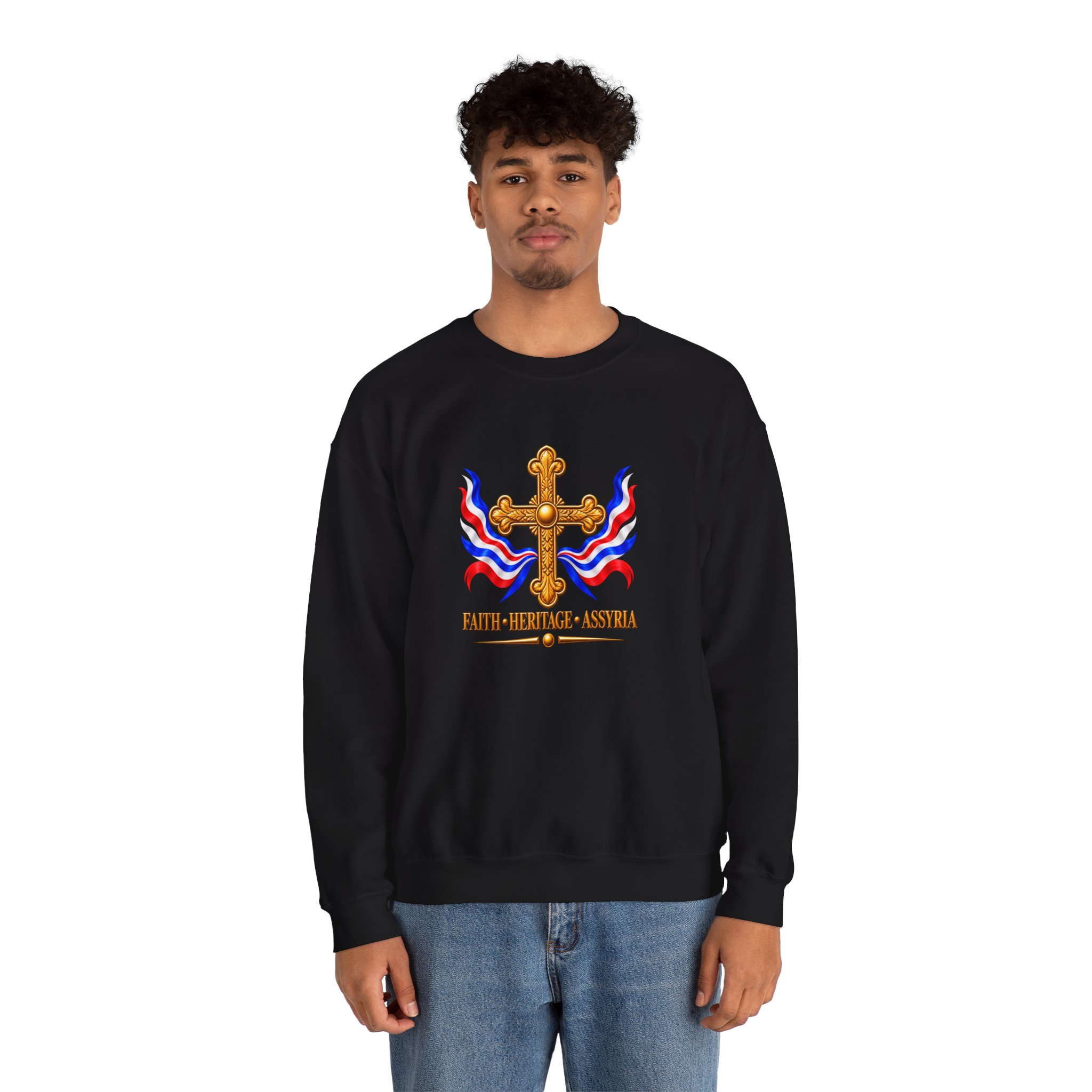 Crewneck Sweatshirt — Assyrian Flag Colors with Cross - Image 10