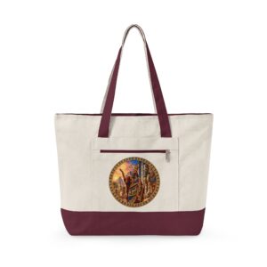 Canvas tote bag with zippered pocket and traditional artwork design for versatile use.