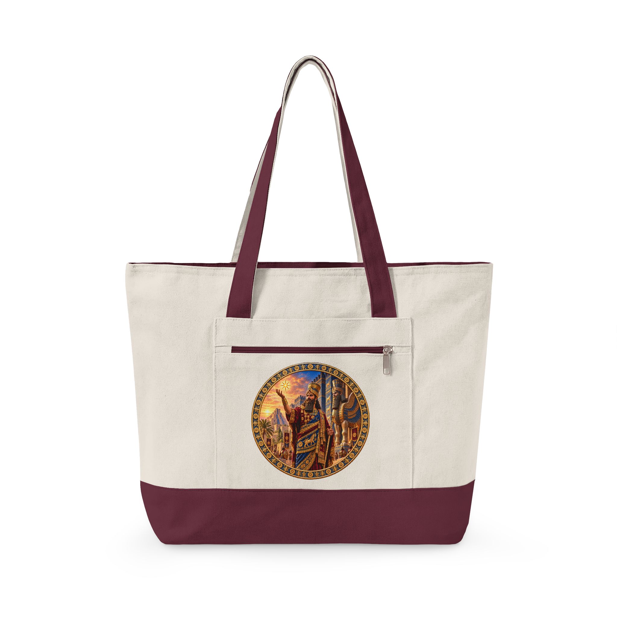 Canvas tote bag with zippered pocket and traditional artwork design for versatile use.