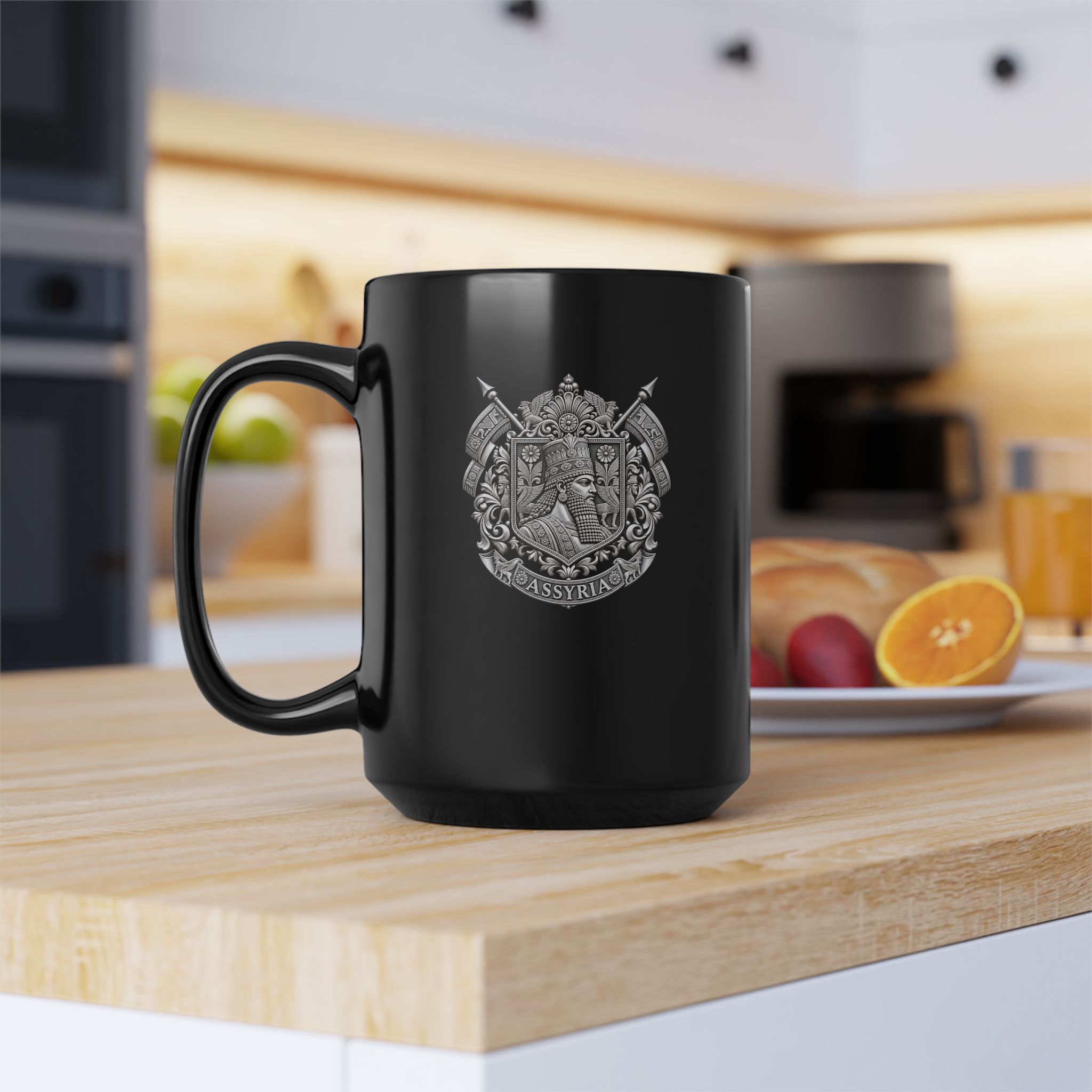 Black Mug, Assyrian Armor Crest Silver 15oz - Image 3