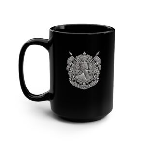 Black Mug, Assyrian Armor Crest Silver 15oz