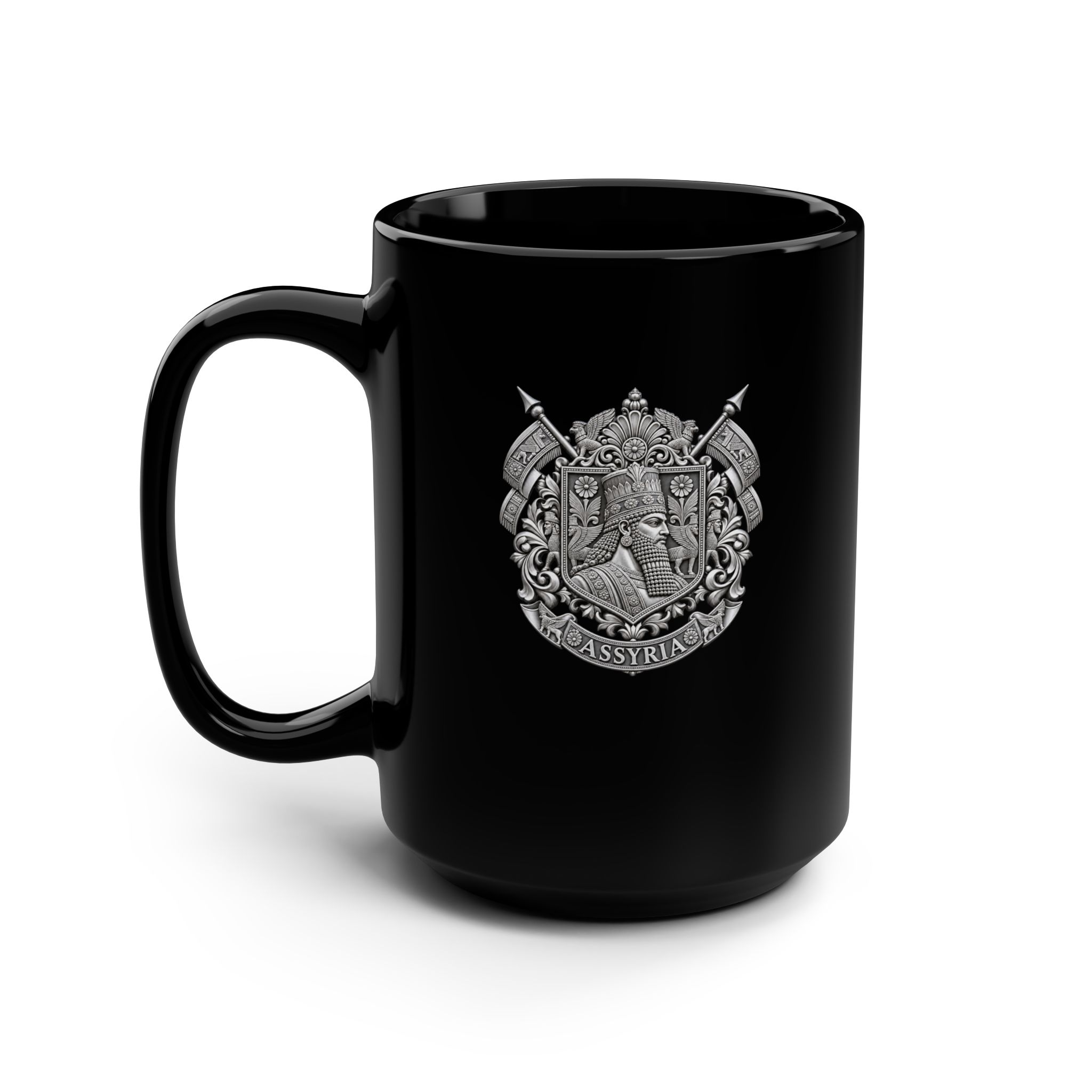 Black Mug, Assyrian Armor Crest Silver 15oz